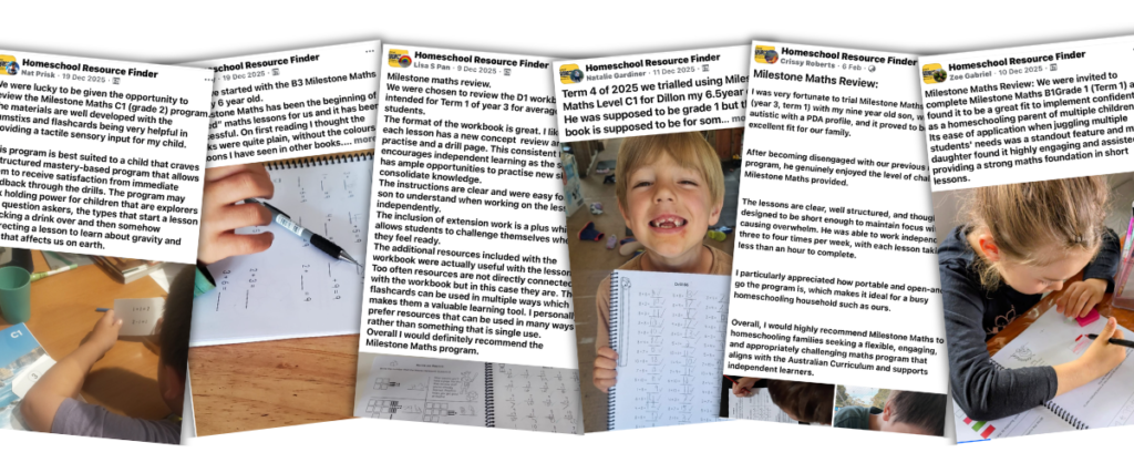 Image depicting screenshots of real parent reviews of the Milestone Maths program. These reviews were shared in the Homeschool Resource Finder Facebook group