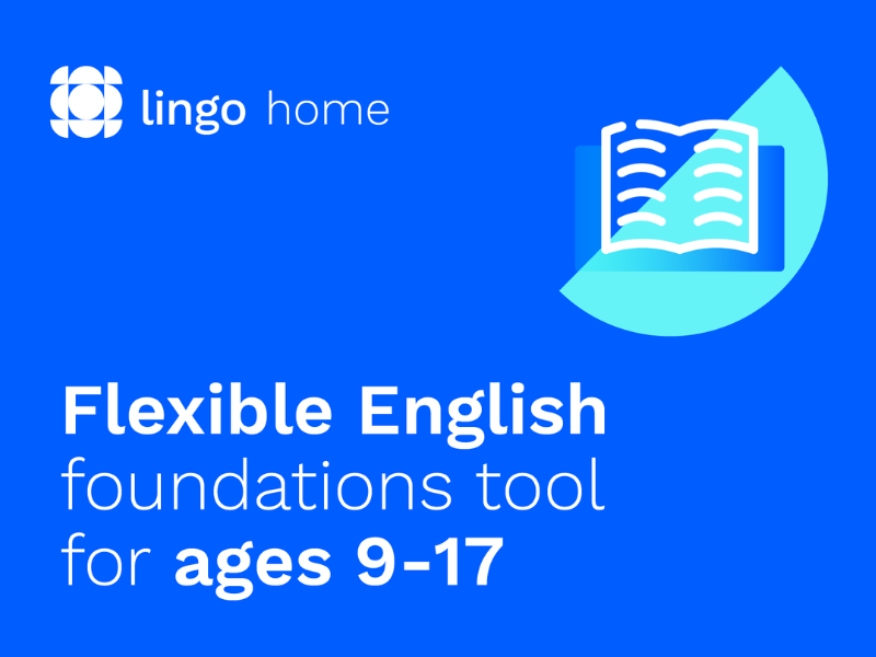 lingo home logo with text on screen that reads, flexible english foundations tool for ages 9-17
