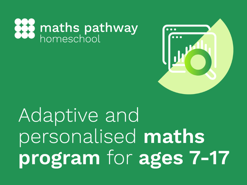Maths pathway logo with text on screen that reads - adaptive personalised maths program for ages 7 - 17