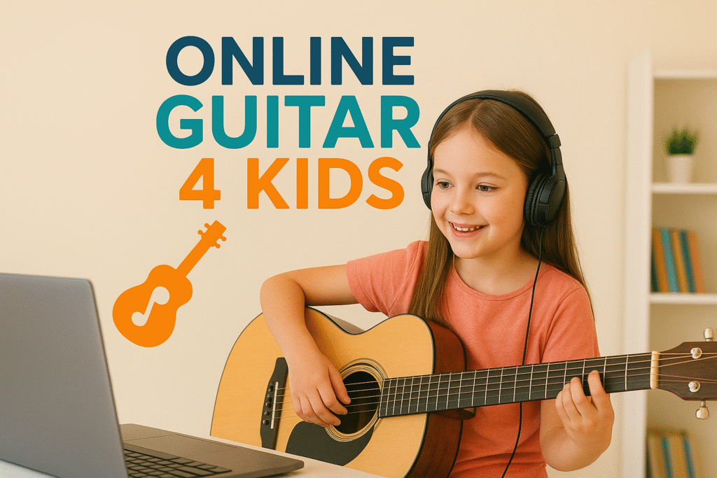 Girl learning to play guitar with online guitar lessons for kids