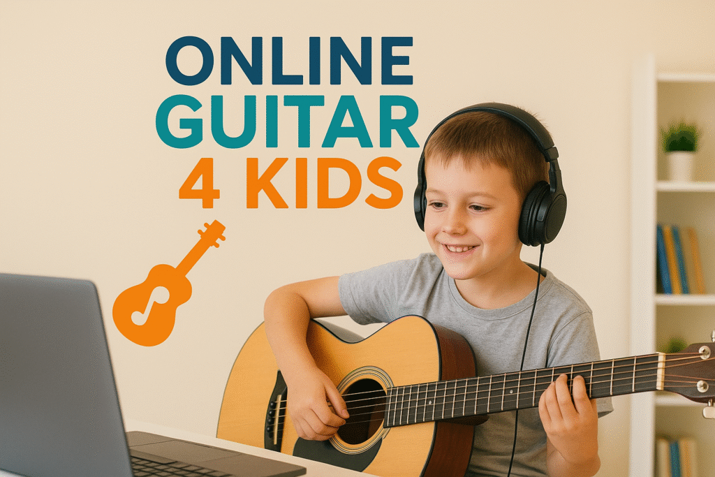 Young boy learning to play guitar with online guitar for kids