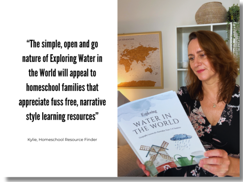 Image of Kylie from Homeschool Resource Finder reading Exploring Water in the World a geography guide by My Homeschool