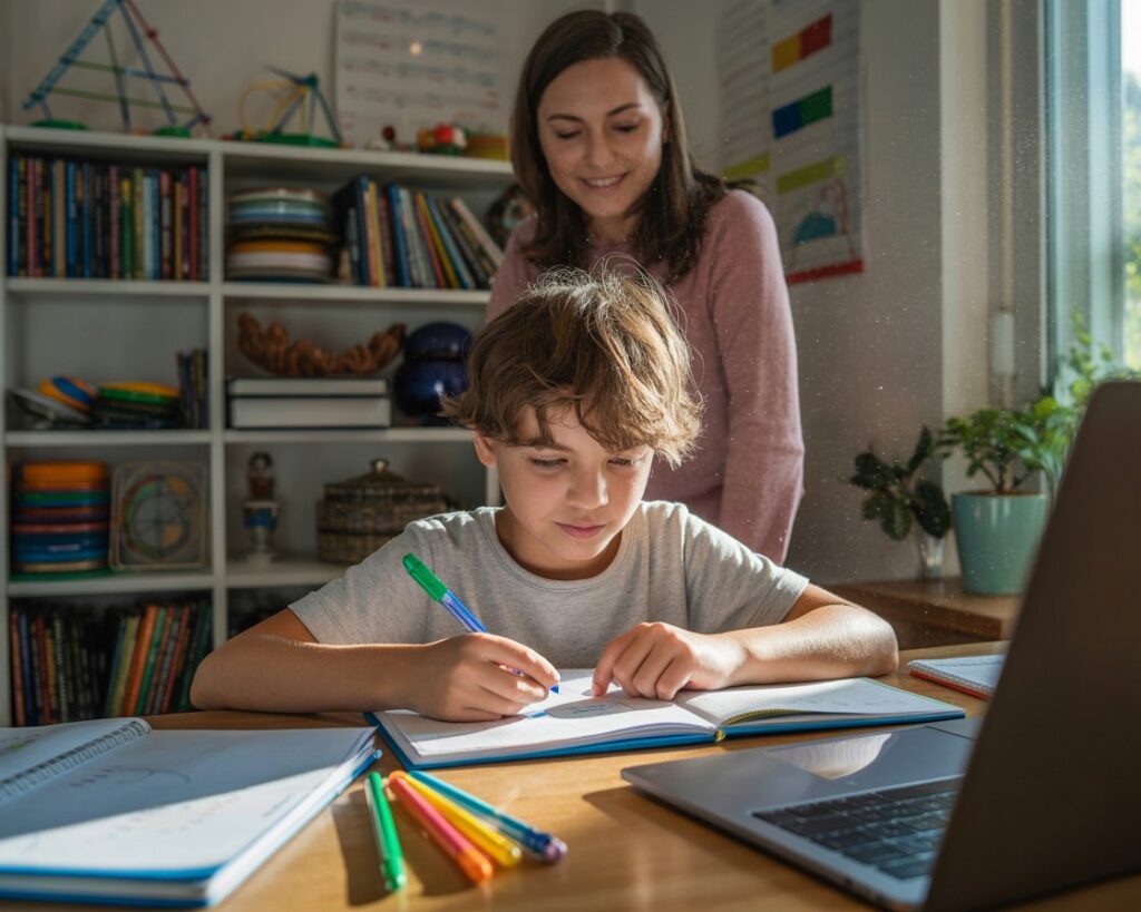 Homeschool parent watching her grade 7 homeschooling teen complete high school fractions for maths