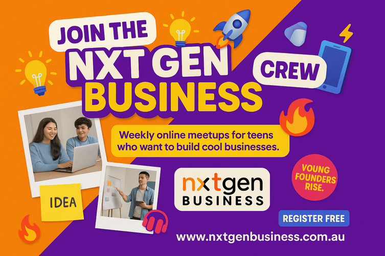 Colourful graphic with text, join the Nxt Gen Business Crew for weekly online meetups for homeschooling teens who want to build cool businesses
