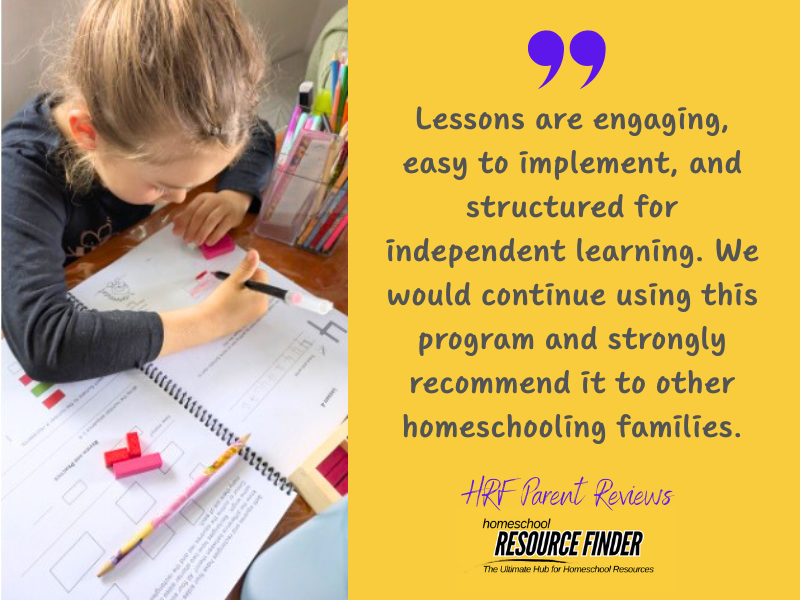 Text with review quote from parent praising milestone maths and an image of child completing a lesson