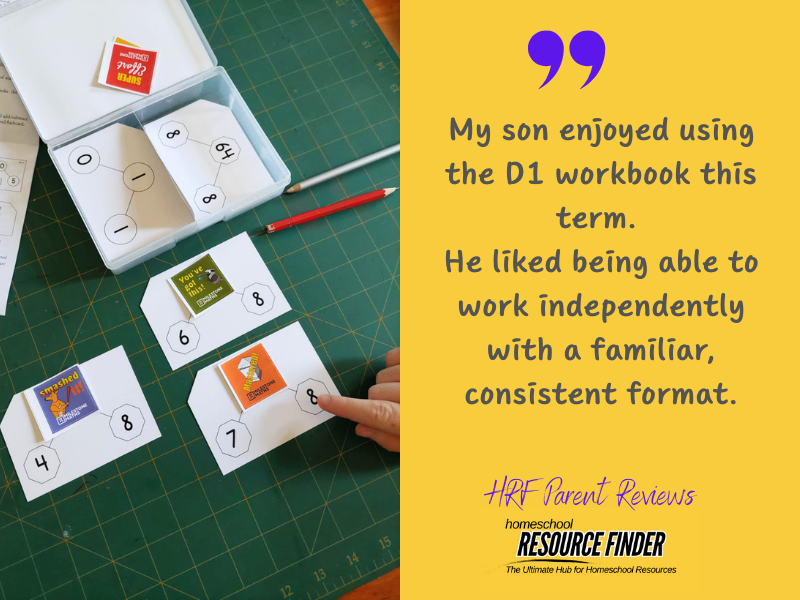Image of milestone maths hands on activities with a quote from the parent that reads - my son enjoyed using the D1 workbook this term.