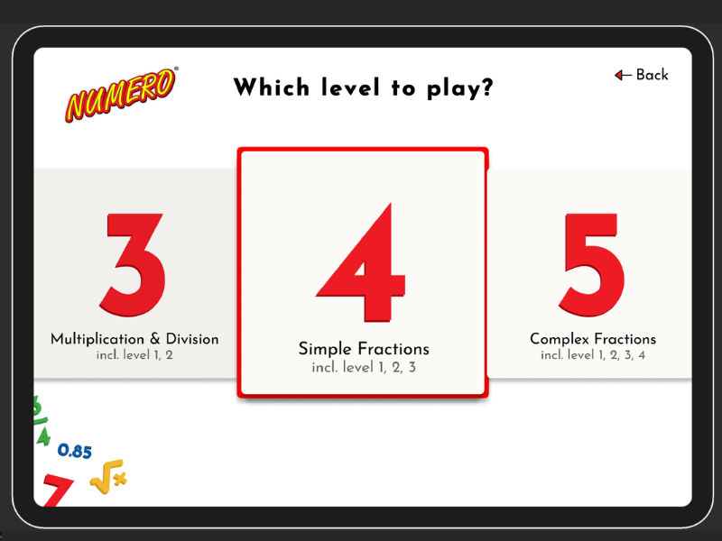 Image shows the Numero app level options