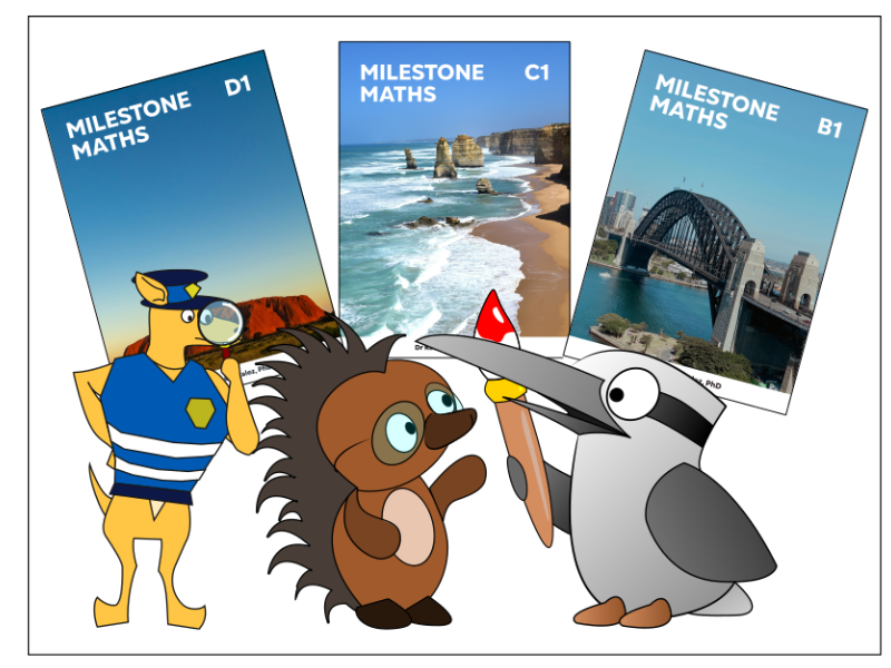 book covers and characters from the Milestone Maths program