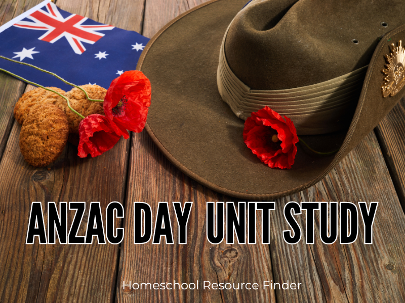 Image of ANZAC Day symbols, a flag, biscuits, poppy's and a slouch hat all for a homeschool unit study about ANZAC Day