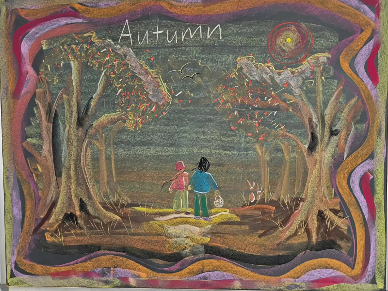 Waldorf Homeschool chalk drawing depicting children walking through a forest