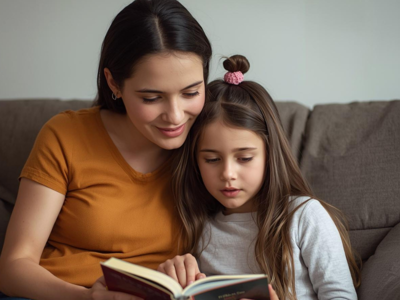 child learning to read with her mother