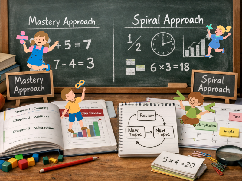image shows a blackboard and various mathematics tools