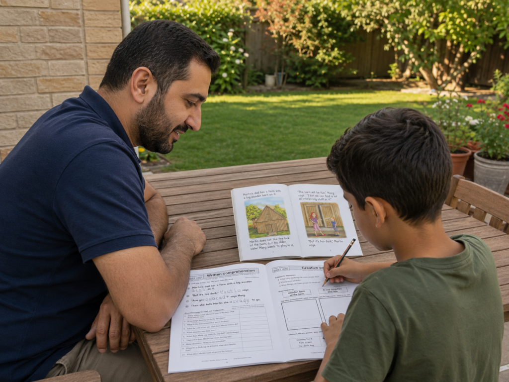 Homeschool dad and son using the Fitzroy Reading Program