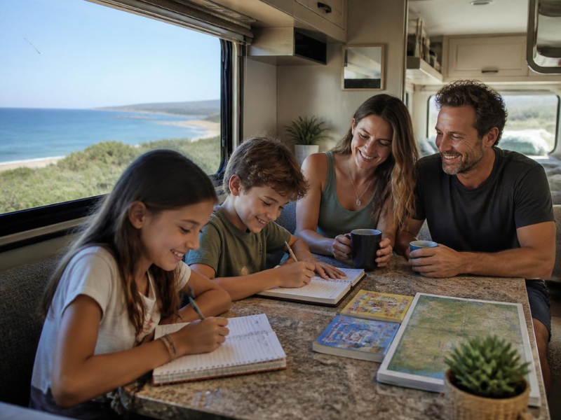 a homeschool family in their caravan travelling around Australia