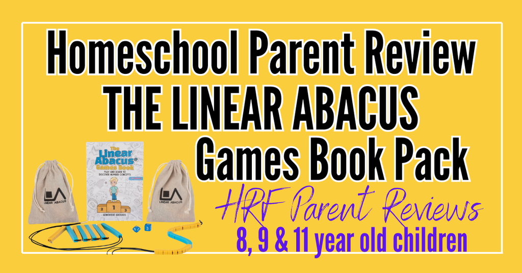 text on graphic reads - homeschool parent review the linear abacus games book pack for childgen ages 8, 9 and 11