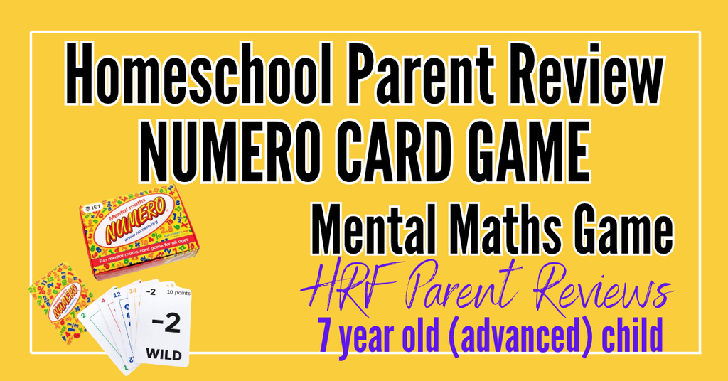 Text on graphic reads: Homeschool Parent Review Numero Card Game. Mental Maths Game HRF Parent Reviews HRF Parent Reviews 7 year old (advanced) child