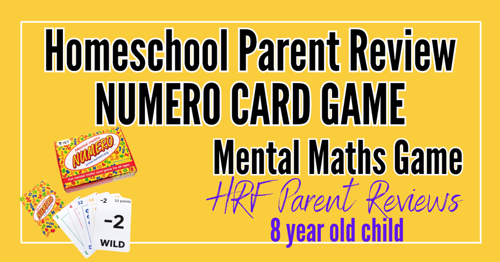 text on graphic reads: homeschool parent review numero card game mental maths game 