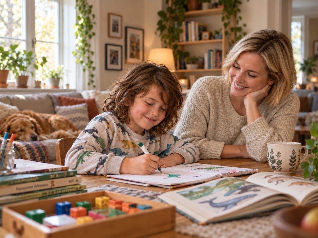 neurodiverse child doing homeschooling lessons with their parent