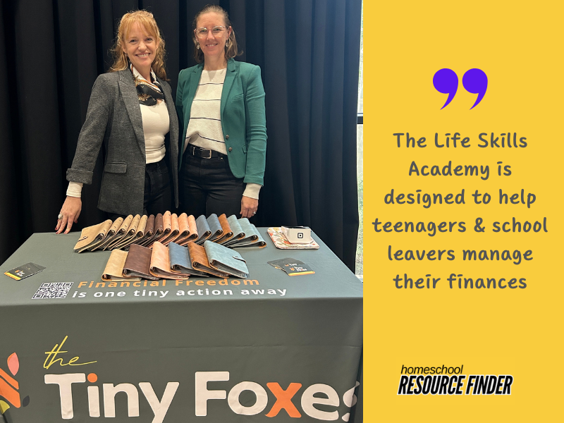 image of The Tiny Foxes founders at an EXPO. Text reads: The life skills academy is designed to help teenagers & school leavers manage their finances
