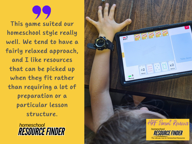 Image of a young homeschool child playing the Numero app. Text on the graphic reads:This game suited our homeschool style really well. We tend to have a fairly relaxed approach, and I like resources that can be picked up when they fit rather than requiring a lot of preparation or a particular lesson structure.
